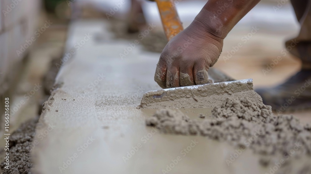 Poster a worker using a small hand trowel to smooth out the edges of the concrete blocks for a seamless fin