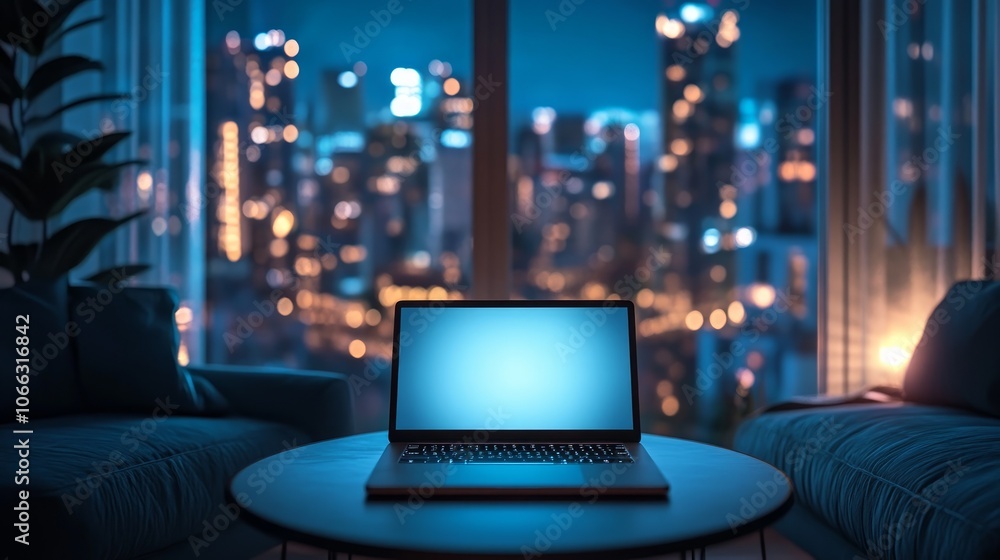 Poster laptop with blank screen on a table in front of a window with a city skyline at night.