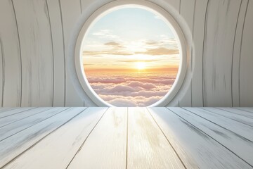 Fototapeta premium Front side of cozy scene is at an empty white wooden table with serene view of sunrise above the clouds, framed by a circular window airplane in a minimalist.