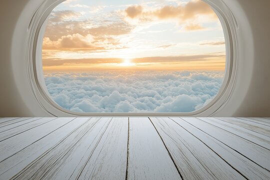 Fototapeta Explore the tranquil beauty of a white wooden table by the window with airplane views perfect for travel product display