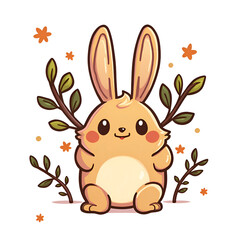 Fototapeta premium Celebrate the joy of nature with a playful bunny surrounded by whimsical flora, digital art of cute character design concept.