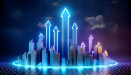 Fototapeta premium The integration of the ASEAN Economic Community shows economic growth with an arrow pointing up and a city.