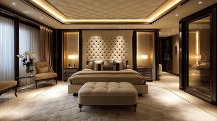 Luxurious bedroom with a king-sized bed, tufted headboard, plush rug, and a large window with curtains.