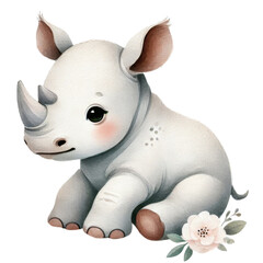 Cute baby rhino with a gentle expression, sitting with big eyes and rosy cheeks isolated on transparent background.