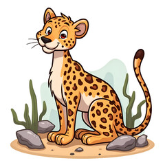 Fototapeta premium Celebrate the joyful spirit of a playful cartoon leopard in a vibrant landscape, digital illustration of cartoon concept.