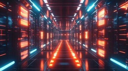 Futuristic Neon-Lit Corridor with Orange and Blue Lights