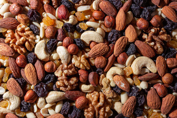 Mixed Nuts: Almonds, Walnuts, Cashews, Peanuts, Hazelnuts, Dried Prunes and Raisins. Different Nut Mix. Background from Various Nuts and Dried Fruits