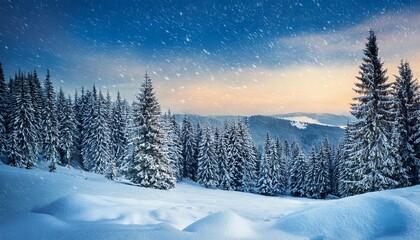 Naklejka premium A serene winter landscape featuring snow-covered trees under a twilight sky, with gentle snowfall creating a peaceful, picturesque scene.