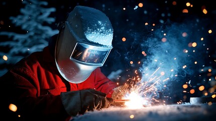 Welder Creating Sparks While Working on a Metal Project in a Dark Workshop