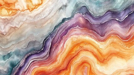 Abstract Watercolor Painting with Wavy Lines and Warm Colors