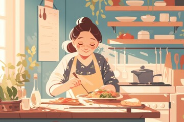 A person finishing a home-cooked meal, sitting at a rustic kitchen table