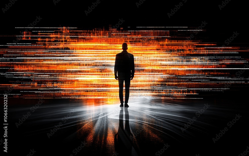 Poster exploring the intersection of humanity and technology in a digitally enhanced landscape of light and