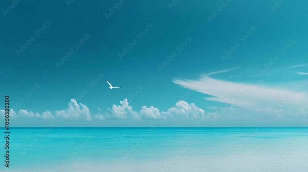 Wall mural serene coastal landscape under a bright sky with soft clouds and a single bird flying above the tran