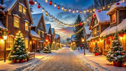 Fototapeta premium A festive winter street scene with charming houses adorned in twinkling lights and snow-covered rooftops, creating a magical ambiance.