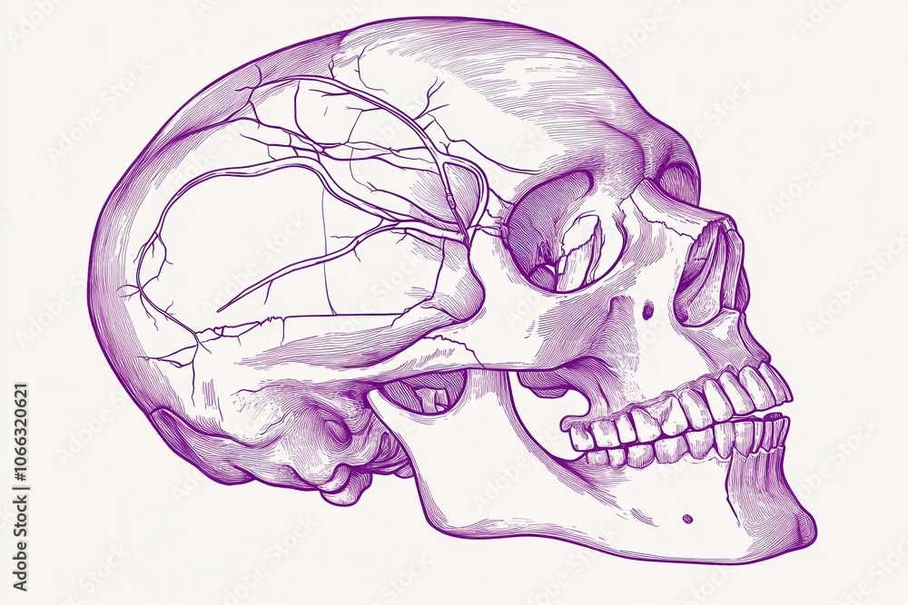 Poster technical line art of nerve pathways in the skull