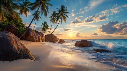 beach in the afternoon with large rocks and coconut pods