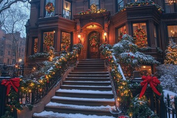 Christmas decorated brownstone house in New York City with ornate stairway, wreaths on windows, and soft evening light.