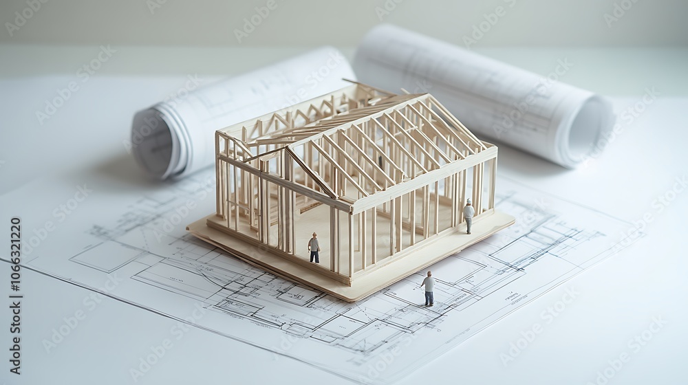 Poster building dreams with a wooden model and blueprint