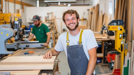 Happy Carpenter Smiling in His Woodworking Shop Surrounded by Tools and Materials