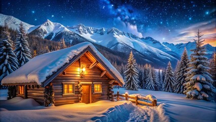 Fototapeta premium A Cozy Cabin Nestled Amidst Snowy Mountains, Illuminated by the Warm Glow of the Interior Lights, Under a Starry Night Sky