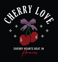 Embroidery cherry vector.Etamine detailed cherry graphic.Trendy kids t-shirt and sweatshirt graphic design.Cute cherry print with embroidery.Graphic for celebration cards and children's products.