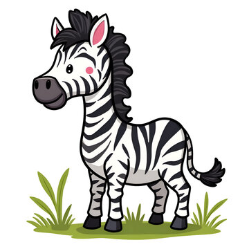 Embrace the joy of imagination with ziggy the cheerful zebra in a lush green setting, digital illustration of cartoon character design concept.