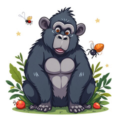 Gorilla s curiosity sparks a harmonious dance of nature s tiny creatures, digital illustration of character design concept.