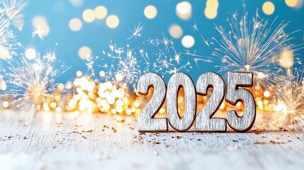 Wooden numbers forming the new year "2025" stand on a light surface with golden sparklers and bokeh lights in the background.