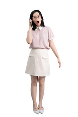 Fototapeta premium Young Asian woman holding smartphone on blue background