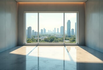 Naklejka premium Tomorrow's Metropolis: Futuristic Room Overlooking Cityscape | Sunny Day View, Modern Interior, High-Tech Features | Urban Panorama, Minimalist Design, Eco-Conscious Living 