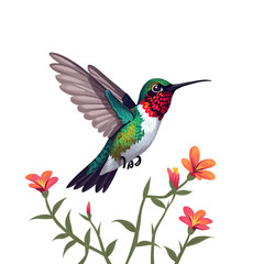 Obraz premium Witness the dance of the hummingbird among colorful blossoms in a garden of dreams, digital illustration of nature and wildlife concept.