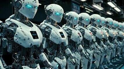 A line of androids in a factory, futuristic robotics concept
