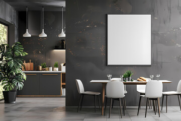 Modern dining area with sleek furniture, stylish kitchen, and a blank canvas awaiting personal touch. Fresh plants add vitality to the space.