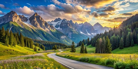 Fototapeta premium A winding road leads through a valley, surrounded by lush green meadows and towering mountains, bathed in the warm glow of a setting sun.