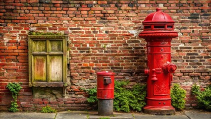 A weathered brick wall adorned with a faded window, a vintage red fire hydrant, and a rusty red mailbox, creating a nostalgic urban scene.