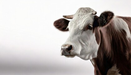 Close-up Portrait of a Curious Cow: A captivating portrait of a brown and white cow with a gentle expression and expressive eyes, isolated against a clean background.