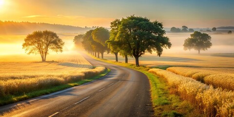 A Winding Road Through Golden Fields Bathed in the Warm Glow of a Sunrise, With Mist Rising From the Earth