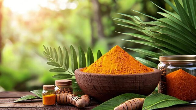 A still life Video of turmeric powder in a wooden bowl with turmeric root and jars of turmeric.  The image has a natural green background, with green leaves surrounding the turmeric.