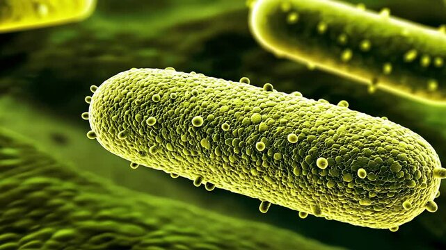A close-up of a single bacterium under a microscope, the cell is yellow with a rough texture and the background is out of focus.