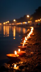 Illuminated Riverbank Scene for Sacred Chhath Puja Evening Ritual as Diyas Glow with Devotion and Tradition.
