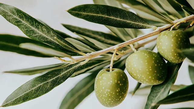 Close-up of green olives on an olive branch with leaves.