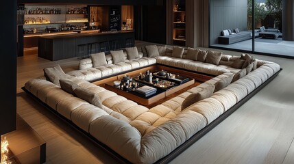 Modern living room with a large, square,  upholstered sectional sofa surrounding a square coffee table with books and drinks on it. The couch is light beige with dark brown piping.