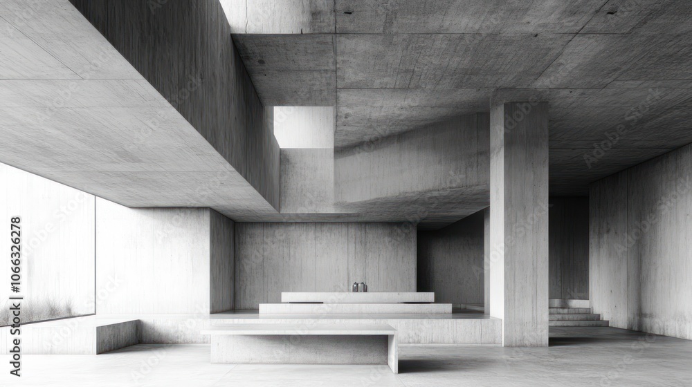 Poster a minimalist concrete interior showcasing geometric forms and open spaces.