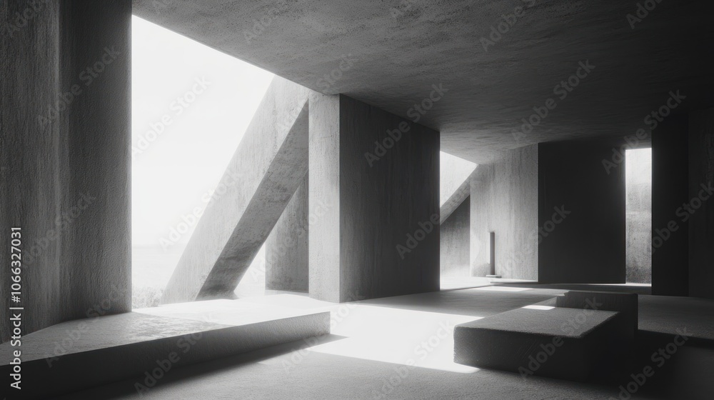 Poster a minimalist interior space featuring angular concrete structures and natural light.
