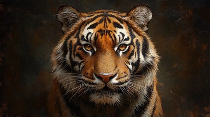 Fototapeta premium A close-up portrait of a majestic tiger with piercing eyes and striking stripes, set against a dark, textured background.