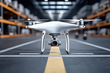 white drone positioned on warehouse floor, showcasing logistics technology