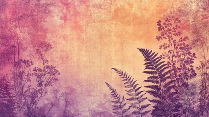 Silhouetted Ferns and Foliage on a Textured, Sunset-Colored Background