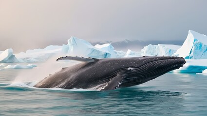 Fototapeta premium Majestic Humpback Whales Swimming Gracefully in Pristine Arctic Waters Among Icebergs