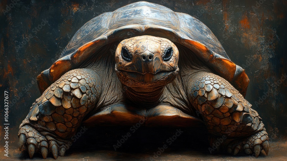 Poster a large, brown tortoise with a textured shell stares directly at the camera with its mouth slightly 