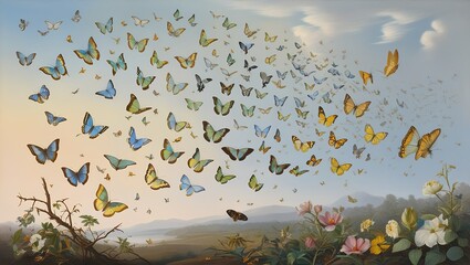 "Butterflies in Flight Against Soft Blue Sky Creating a Tranquil and Dreamy Atmosphere